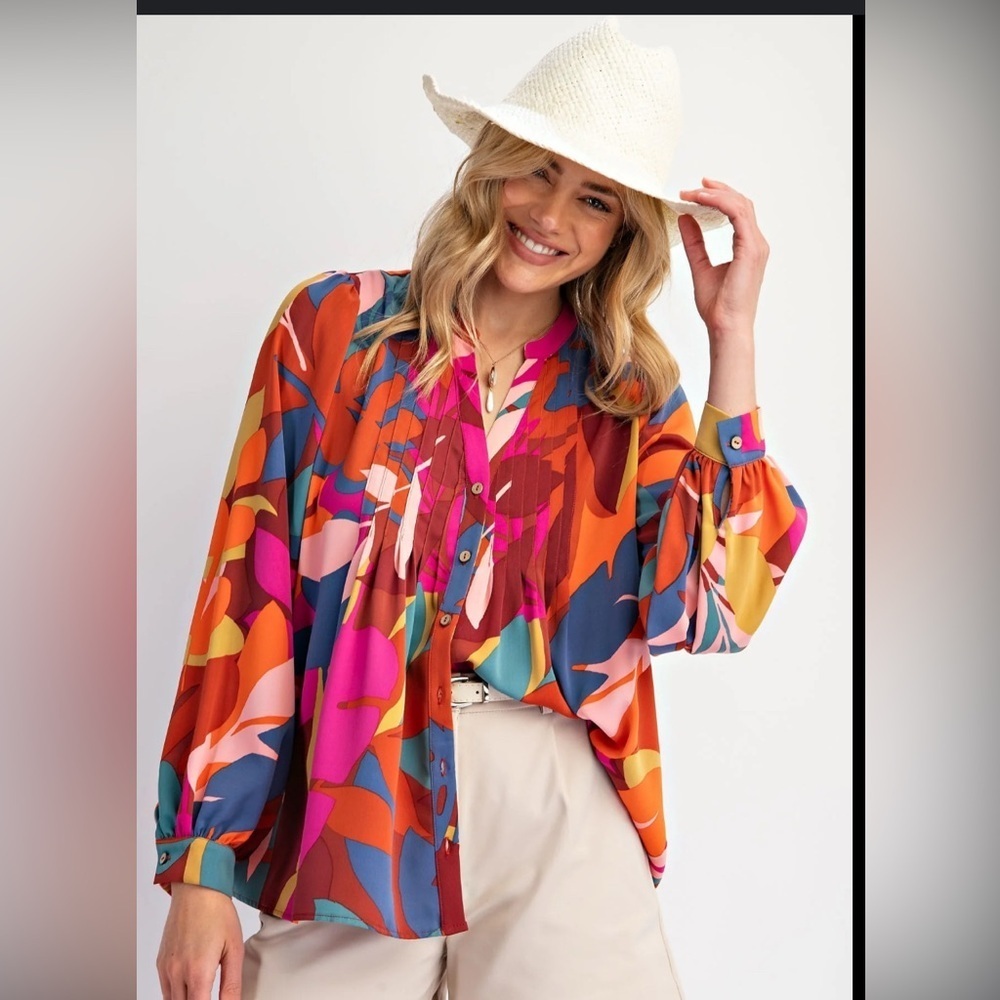 EASEL BOHO MULTI ABSTRACT LEAF PRINT LONG SLEEVE BUTTON-UP TOP M